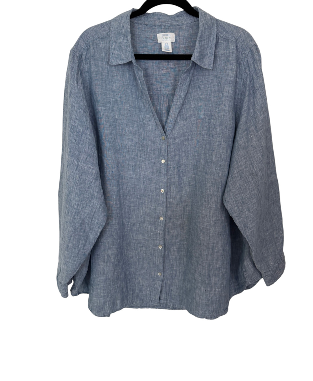 Sigrid Olsen Women's 3X Blue Linen Popover Shirt Roll Tab Sleeve Tunic Coastal